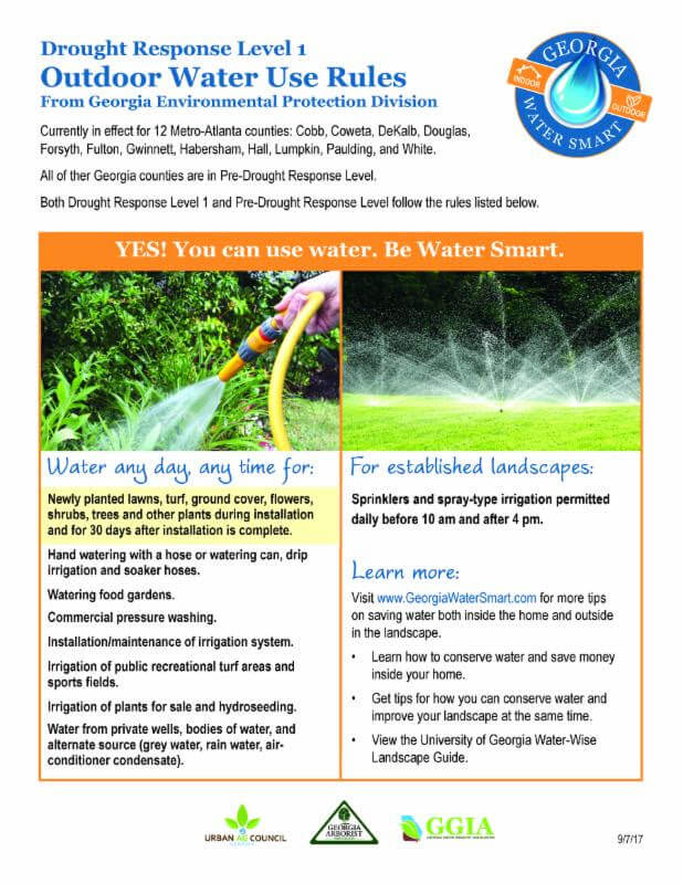 Drought Response Level 1 flyer. Georgia drought restrictions